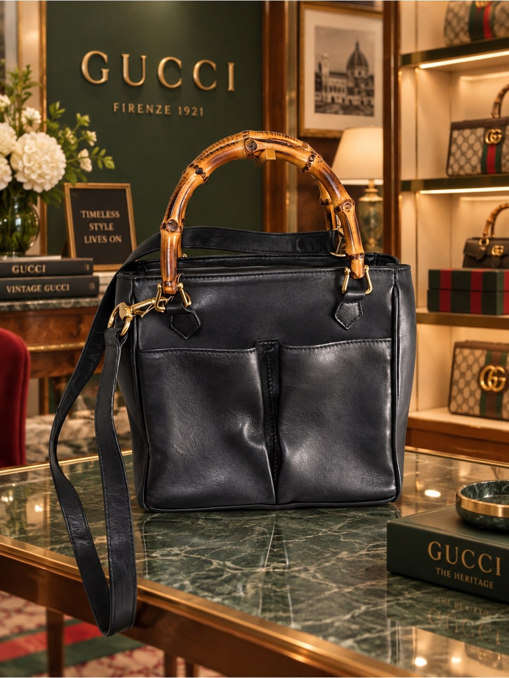 Vintage Gucci Black Leather Bamboo Handle 2-Way Tote / Shoulder Bag – Gold Hardw